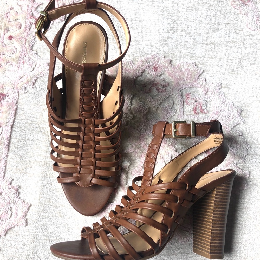 Express brown stacked heel sandal